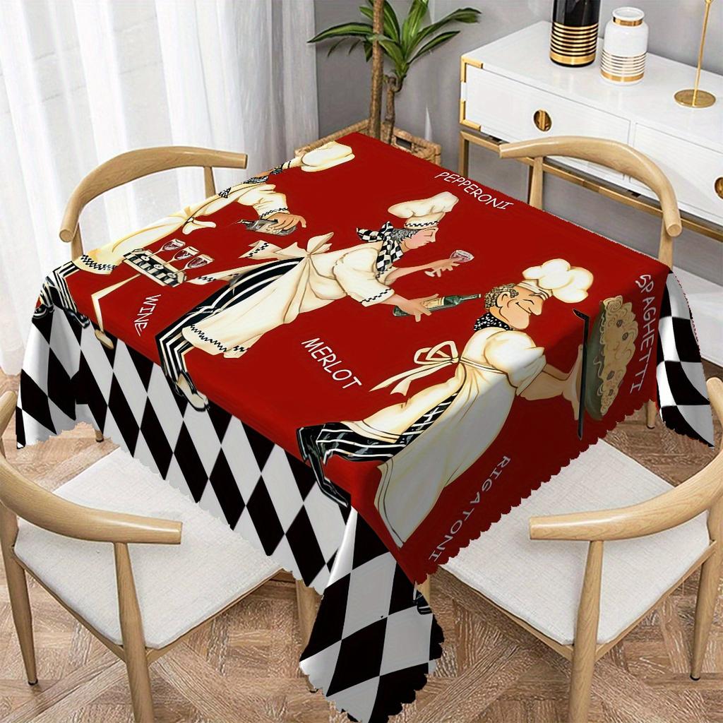 Retro Italian Chef Tablecloth, Red Background with Spaghetti & Wine Print, Scalloped Edge, Stain Resistant, for Kitchen & Dining