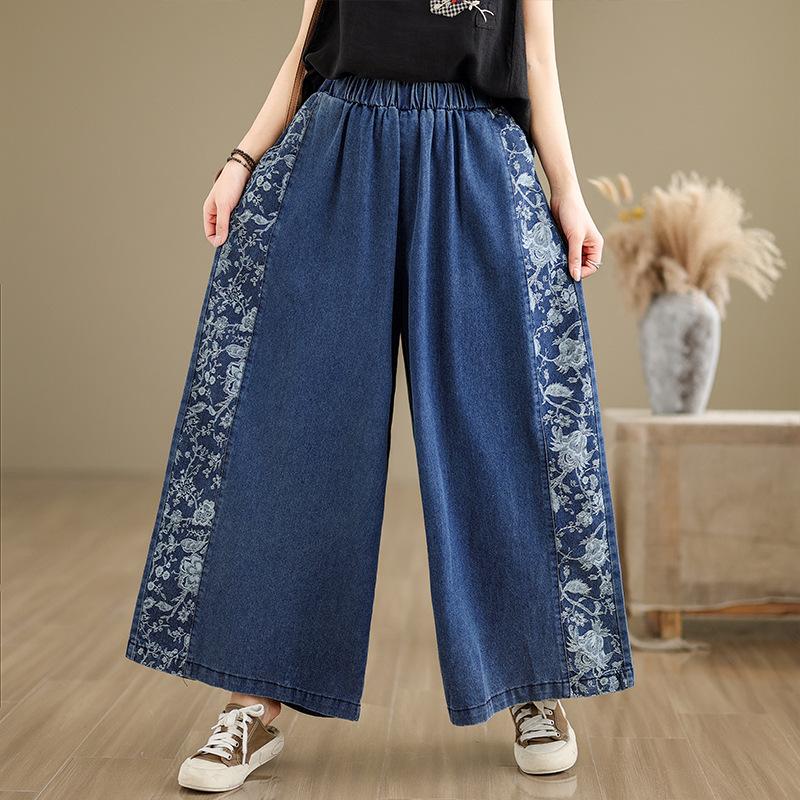 2025 Summer Thin Denim Splicing Denim Pants Female Casual Vintage Loose Women's Wide Leg Pants Fashion Straight Pants