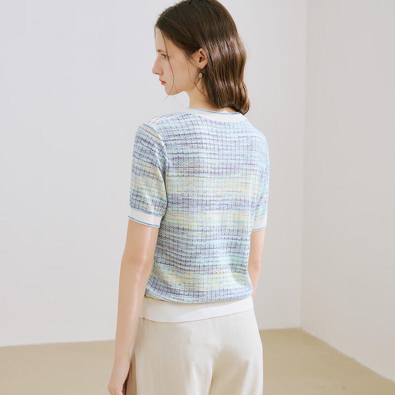 TUHUANG Women's Silk Blend Striped Knit T-Shirt