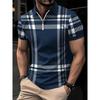 Men's Fashion Streetwear, POLOS, 3D Striped Printed Short Sleeved Summer T-shirt, POLO T-shirt with Zipper, Casual T-shirt