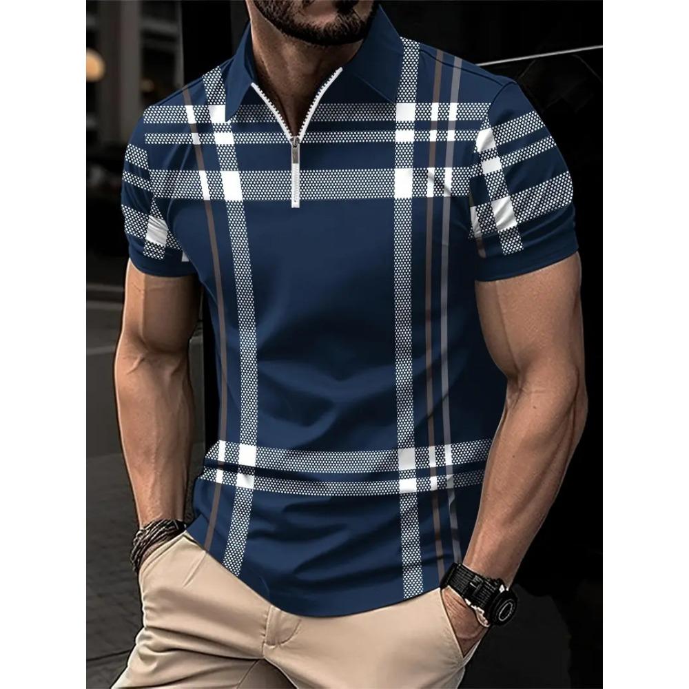 Men's Fashion Streetwear, POLOS, 3D Striped Printed Short Sleeved Summer T-shirt, POLO T-shirt with Zipper, Casual T-shirt