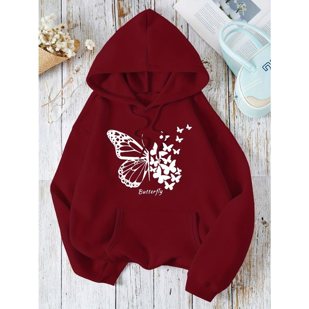 Autumn and Winter Women's Butterfly Print Hooded Sweatshirt Long Sleeve Pullover Comfortable Casual Warm Sweatshirt Y2K Top