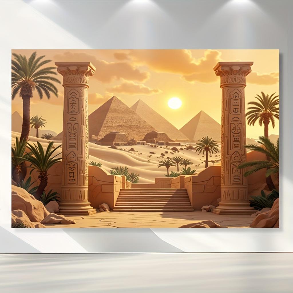 2D Plane Background Fabric with Egyptian Pyramids Energetic Ancient Egyptian Lions and Sphinxes Polyester Fiber