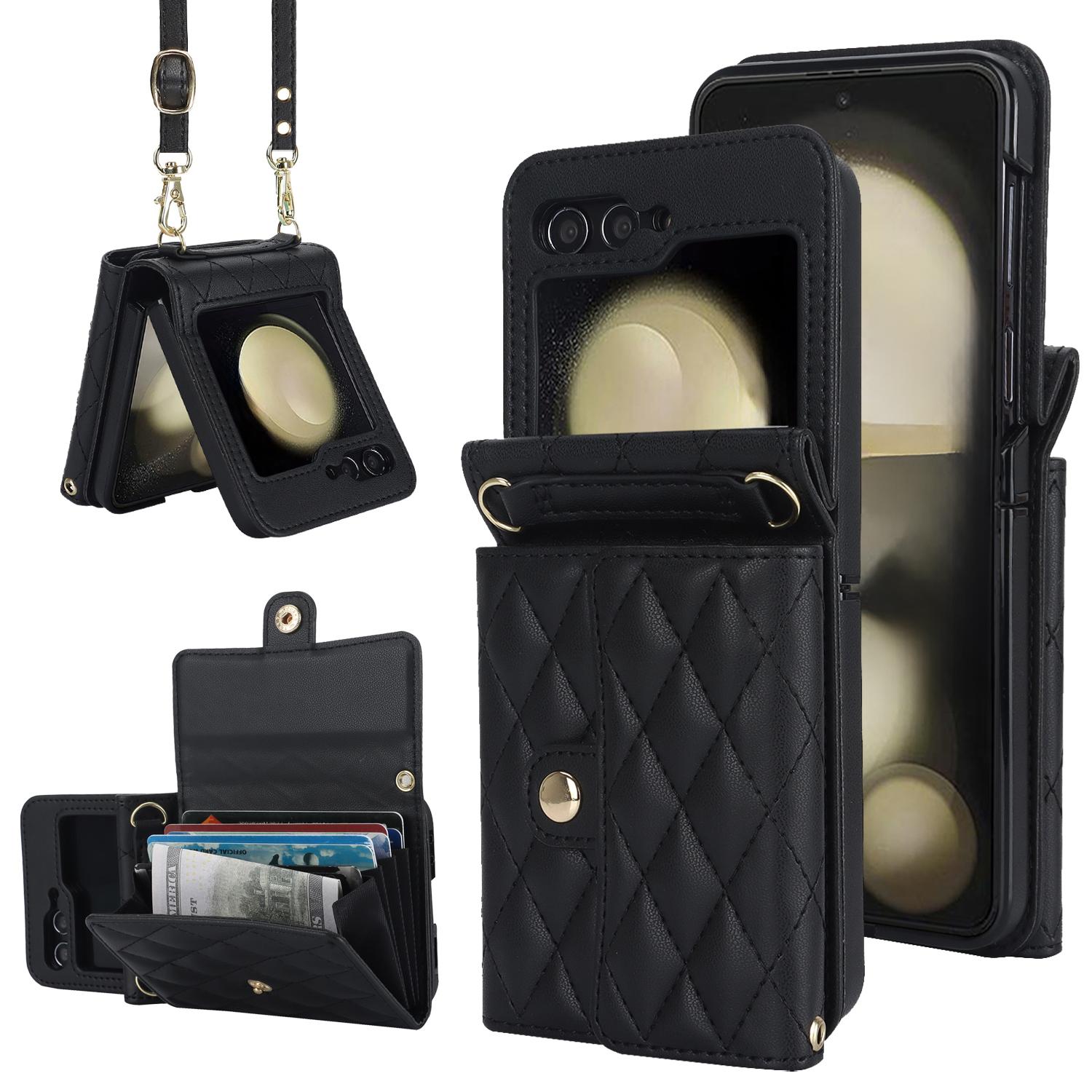 

ZD 03 for Samsung Galaxy Z Flip6 5G Case Bag Design PU Leather Crossbody Phone Cover RFID Blocking Black