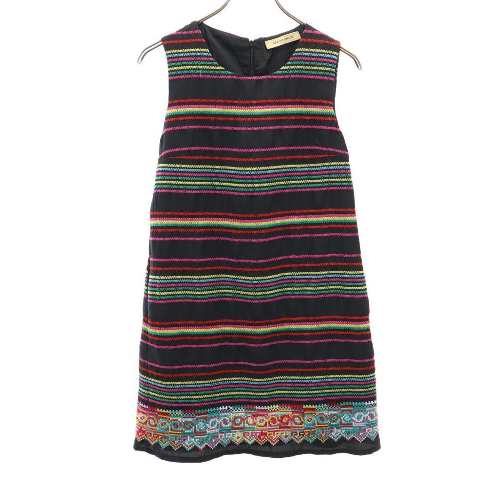 SEE BY CHLOE 100% Silk Border Pattern No Sleeve Mini Dress 4 Black Women Used