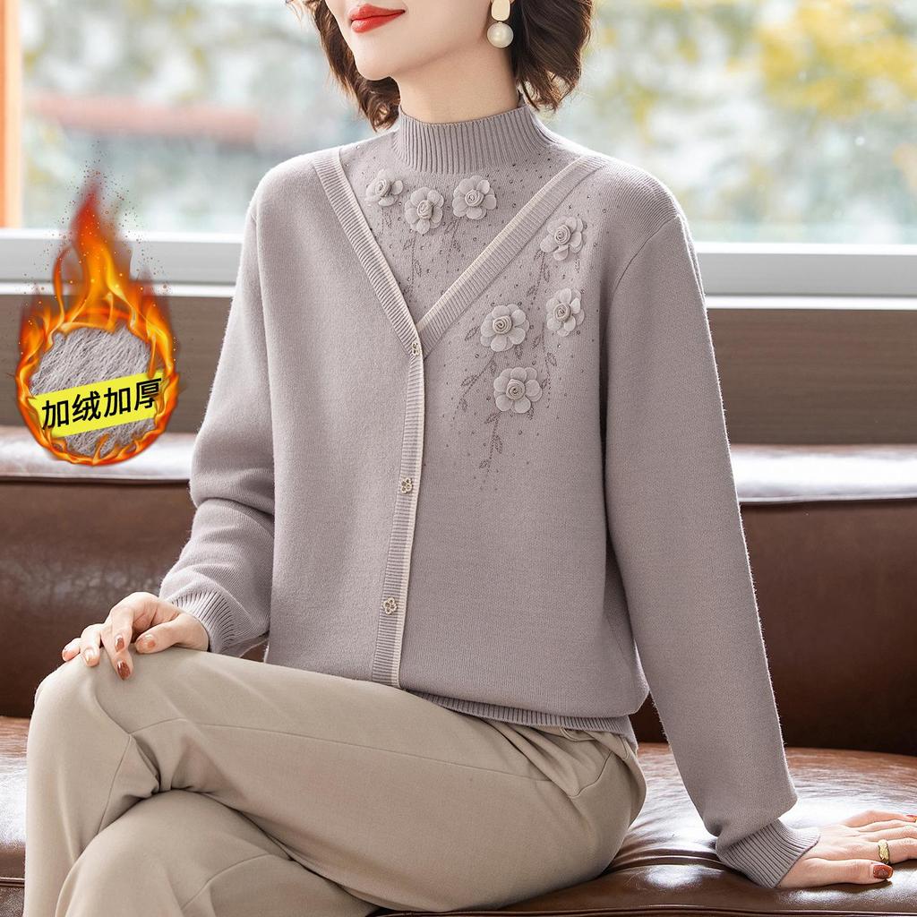 Mom's Winter Plus Velvet Layered Half-High Collar Sweater for Middle-Aged and Elderly Women - Warm Knitwear Base Layer