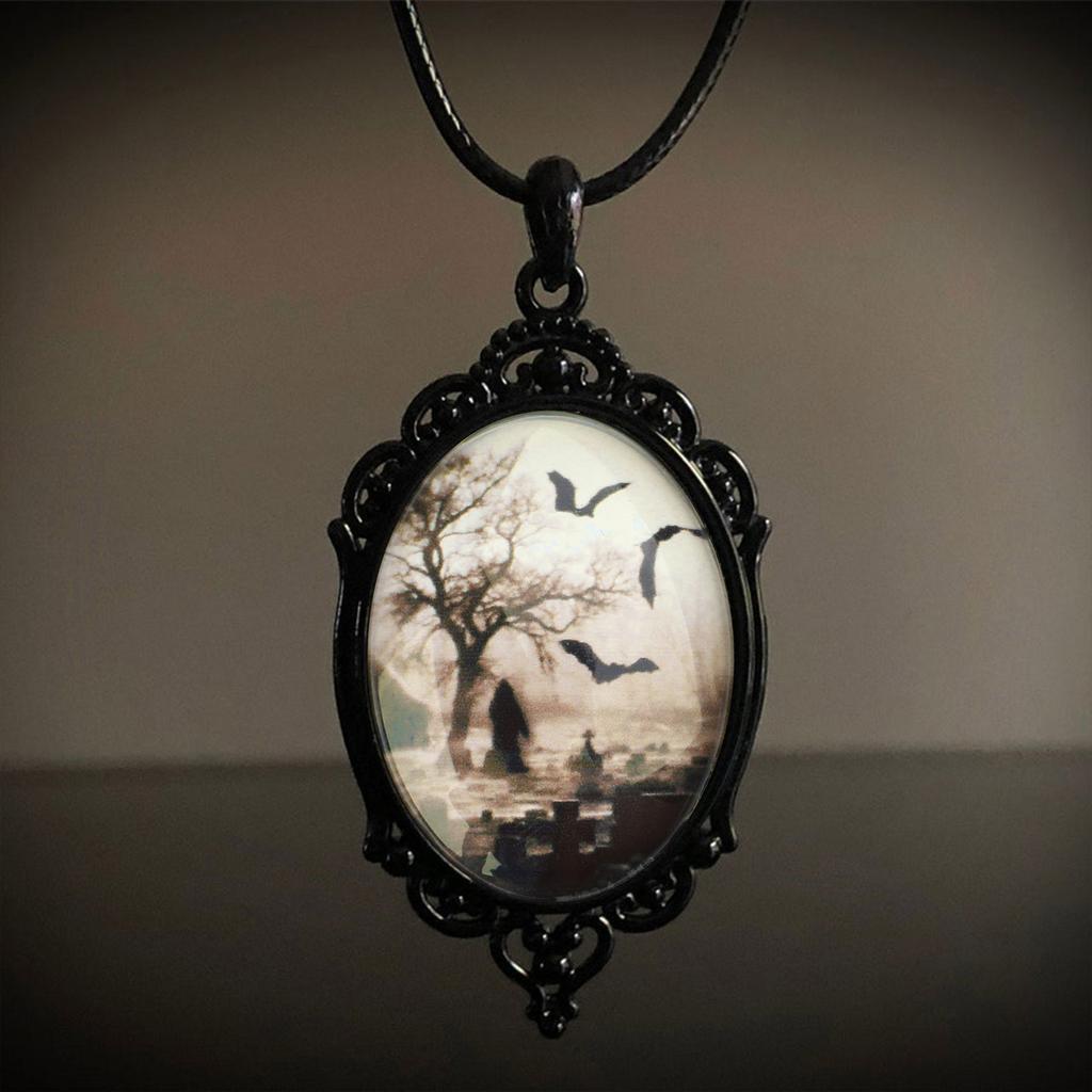 Bat Cemetery Glass Pendant Necklace Punk Choker Necklace Halloween Clavicle Chain Necklace Gothic Jewelry for Women Men
