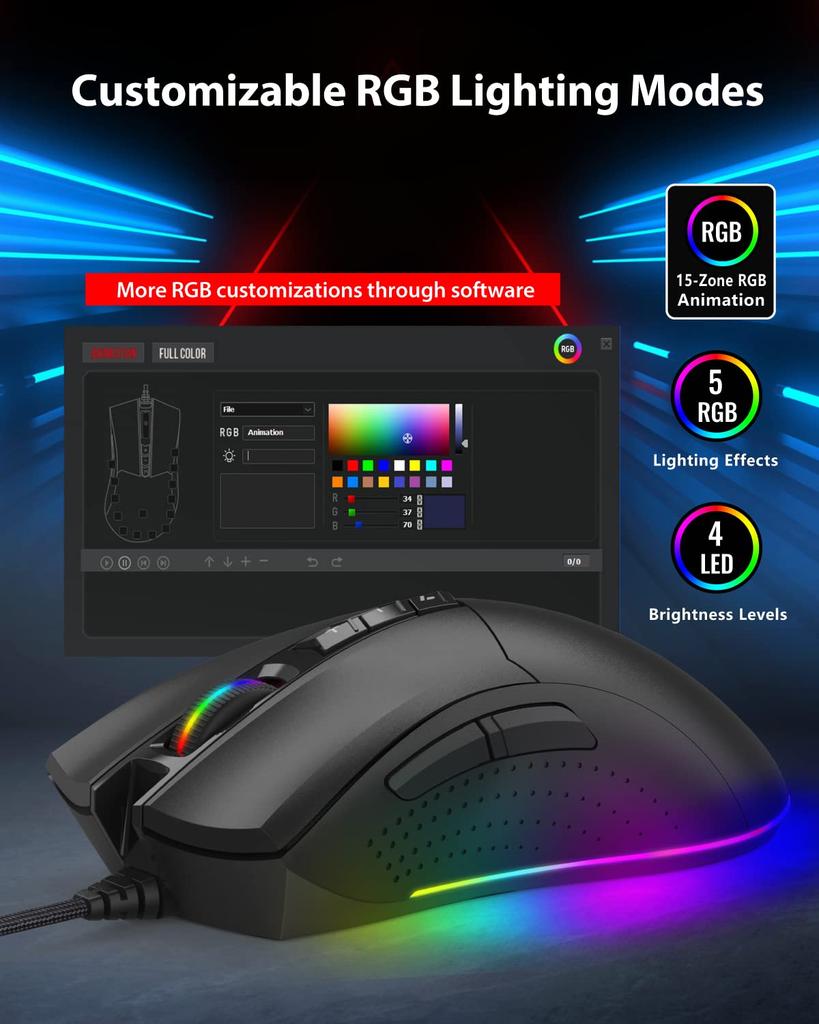 Gigastone Gaming Mouse Wired Gaming Adjustable RGB 8 Programmable 512KB Onboard Suitable for Windows 7 and Later 12,000 DPI, Mouse, Backlight,