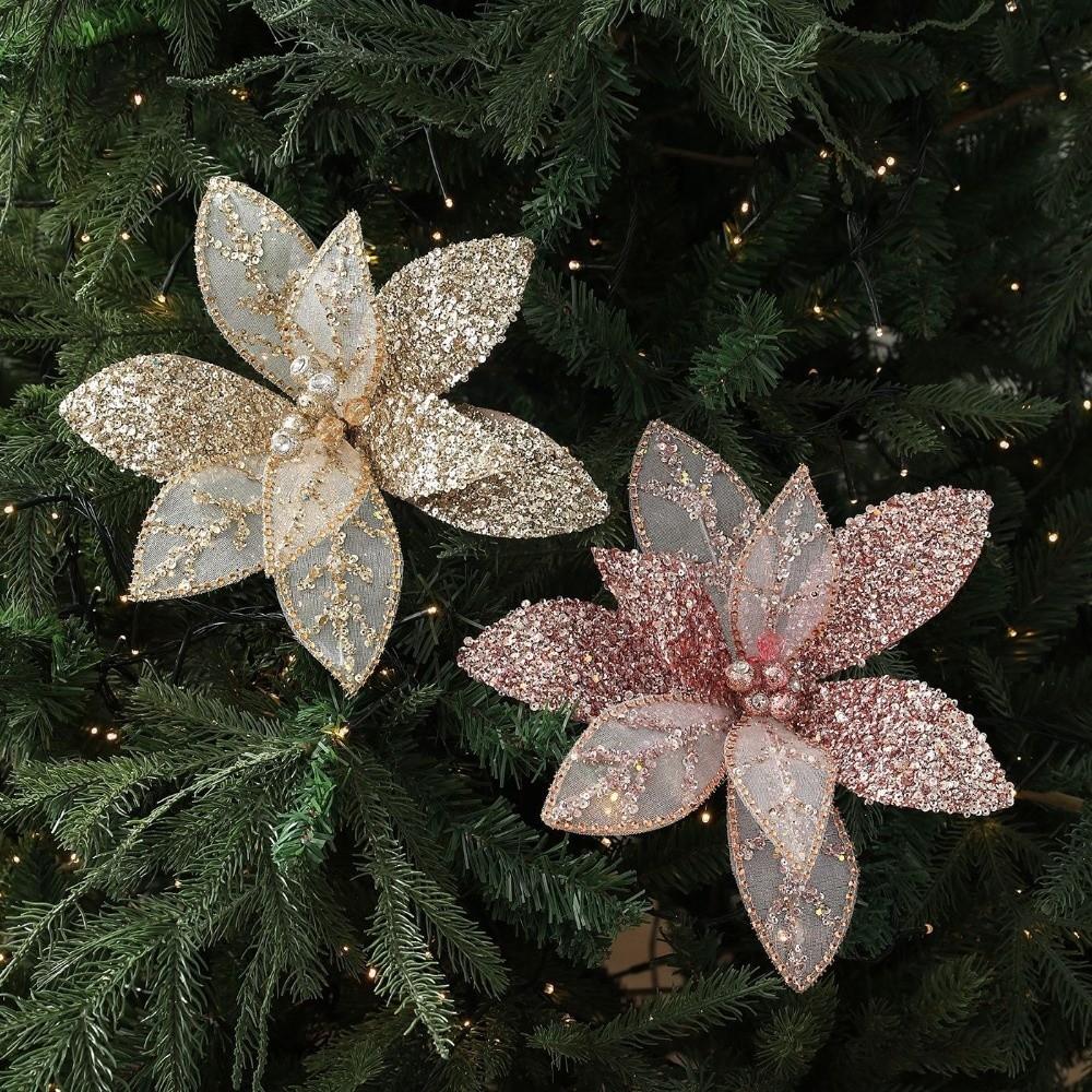 New 31CM Artificial Poinsettia Flower Glitter Sequins Christmas Glitter Flower Sparkling DIY Christmas Flower New Year Festival