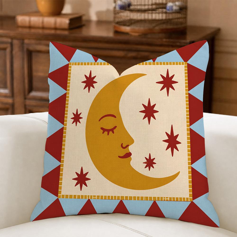 Whimsical Sun Moon Animal Cushion Cover Natural Breathable Durable Linen Printed Decor Pillow Case Sofa Bedroom