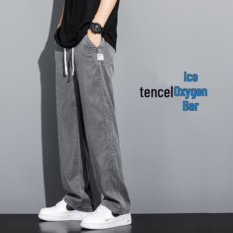 Men's Summer Tencel Jeans: Lightweight, Loose-Fit Straight-Leg Drawstring Sports Shorts, Trendy Workwear Casual Nine-Point Pants