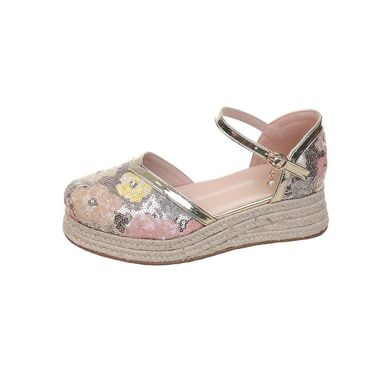 Fashion Women's Thick-soled Sandals New Style Women's Sandals with Buckle, Fashionable Sequined Toe Cover and Thick-soled Women's Shoes