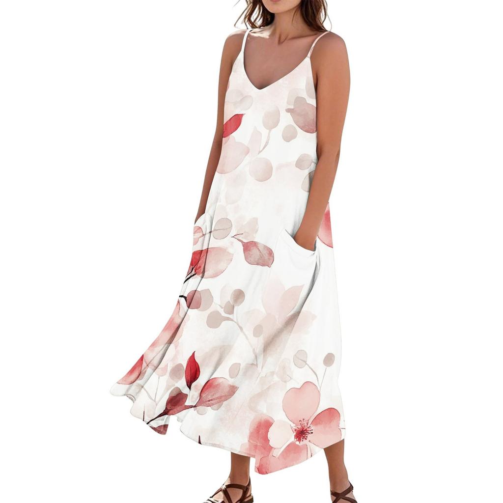 Women's Casual Tie- Floral Print Sleeveless Pocket Dress