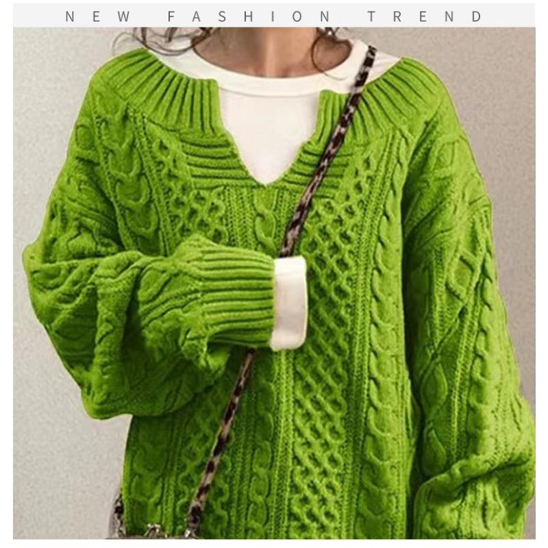 Suéter de Punto Casual de Color Sólido de Moda Tendencia Otoño Invierno para Mujer, Cuello en V, Básico, Jersey