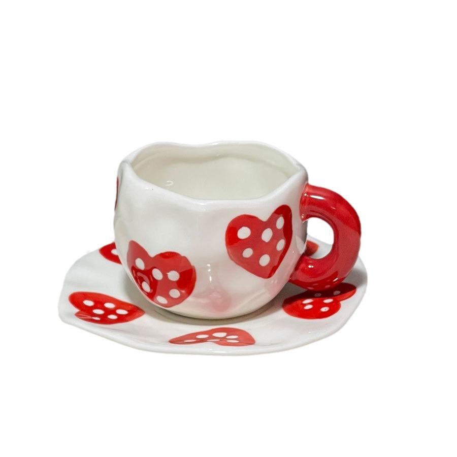 High-Value Hand-Pinched Irregular Underglaze Color Hand-Painted Flower Love Ceramic Coffee Cup Saucer Exquisite Afternoon Tea Cup Saucer