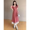 French square neck red plaid dress women's summer small retro dress
