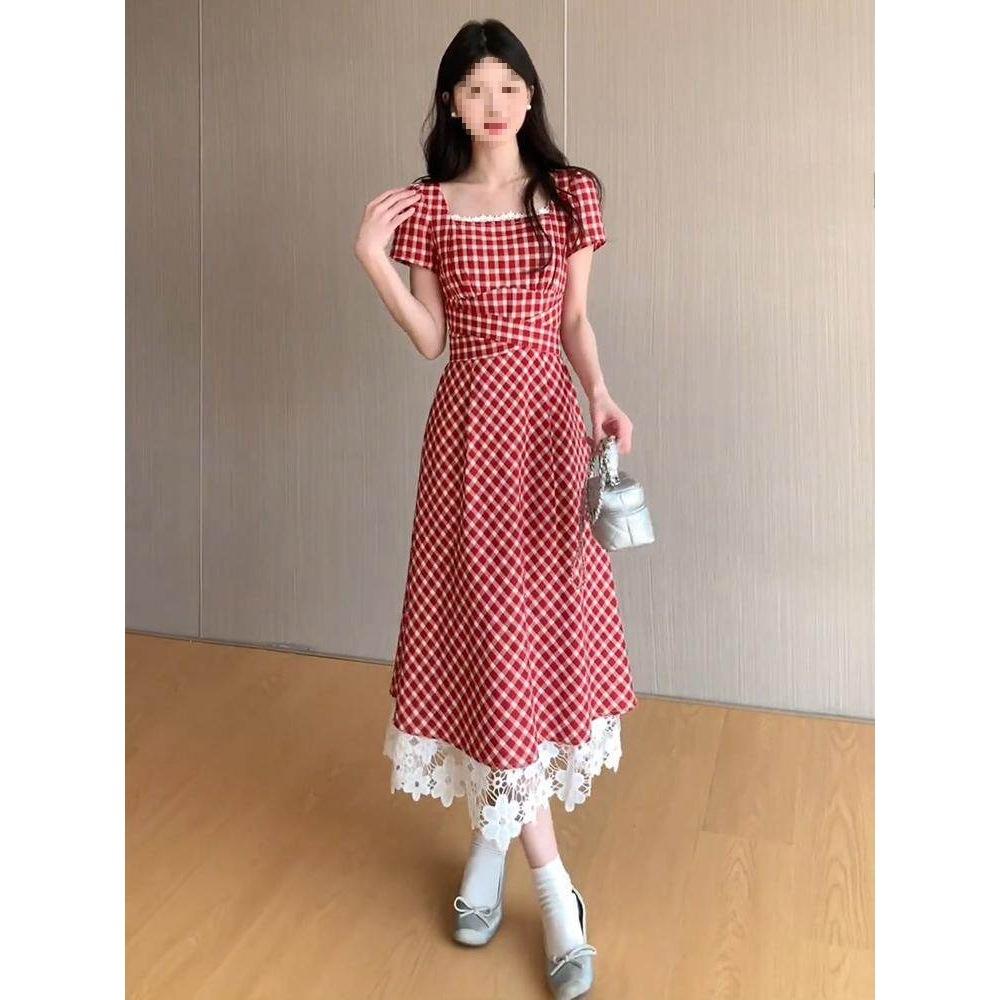 French square neck red plaid dress women's summer small retro dress