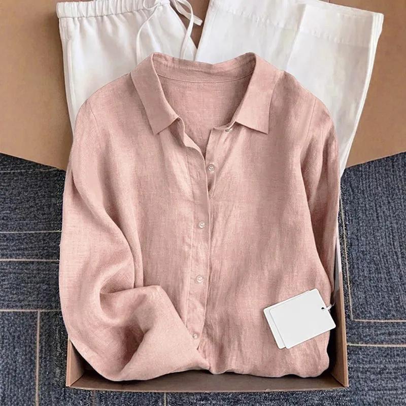 Camicia da donna in lino stile francese per la primavera/estate: Top casual a maniche lunghe in cotone e lino, dalla vestibilità morbida