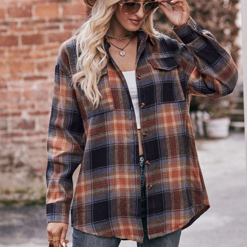 Autumn and Winter New Casual Fashion Loose Plaid Button Shirt Autumn New Products Women's Long-sleeved Top 6803
