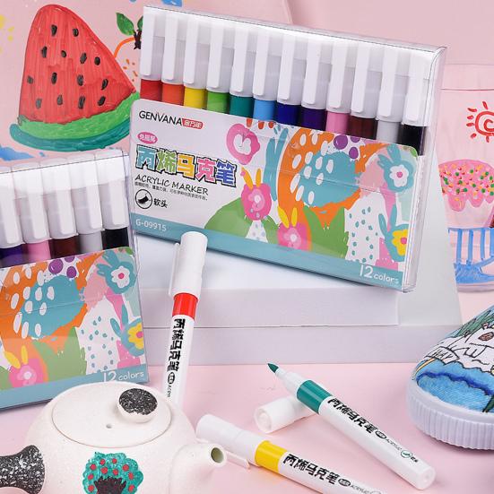 

12 цветов/набор акриловых маркеров, моющийся маркер на водной основе, мягкая головка, гладкий письменный маркер разных цветов для студентов