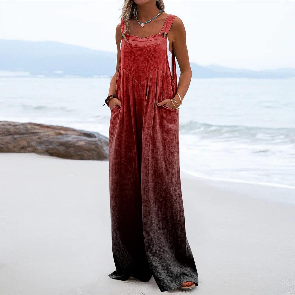 Wide Leg Overalls For Women Casual Loose Sleeveless Jumpsuits Retro Print Button Long Pant Romper Jumpsuit With Pockets
