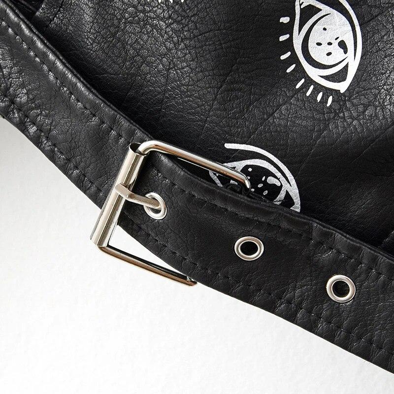 Outono inverno feminino graffiti impressão jaqueta de couro falso senhora moto bicicleta casaco de couro do plutônio casual jaqueta rebite com cinto