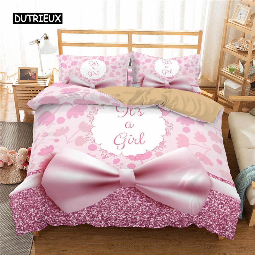 Girl Bed Cover Kit Pink Bow Printed Pattern Kawaii Twin Size Bed Linen Kit Pink Polyester Bedding Collections for Kids Girls Queen Size King Size Size