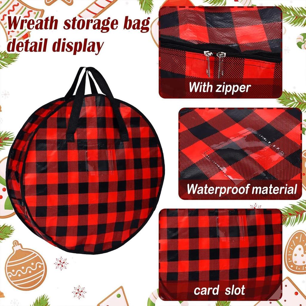 2pcs Christmas Wreath Storage Bag Plaid Holder Zippered Wreath Storage Box with Handle/ Holiday Garland Wreath Storage Container