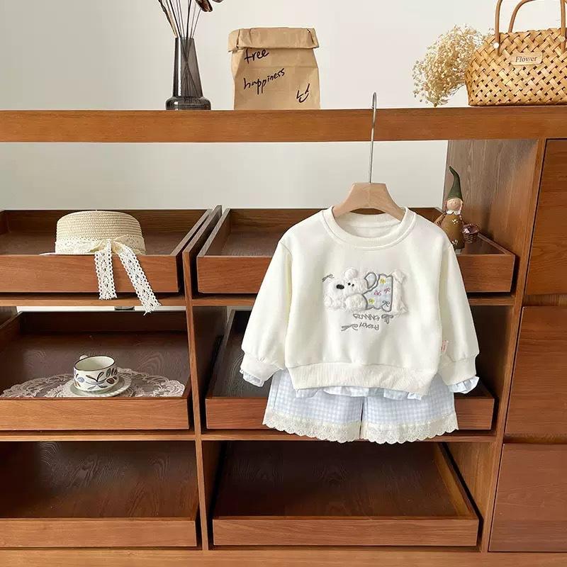 Girls Spring Autumn 2 Piece Set Cute Dog Embroidered Sweatshirt With Ruffle Plaid Casual Pants Stylish Kids Outfit