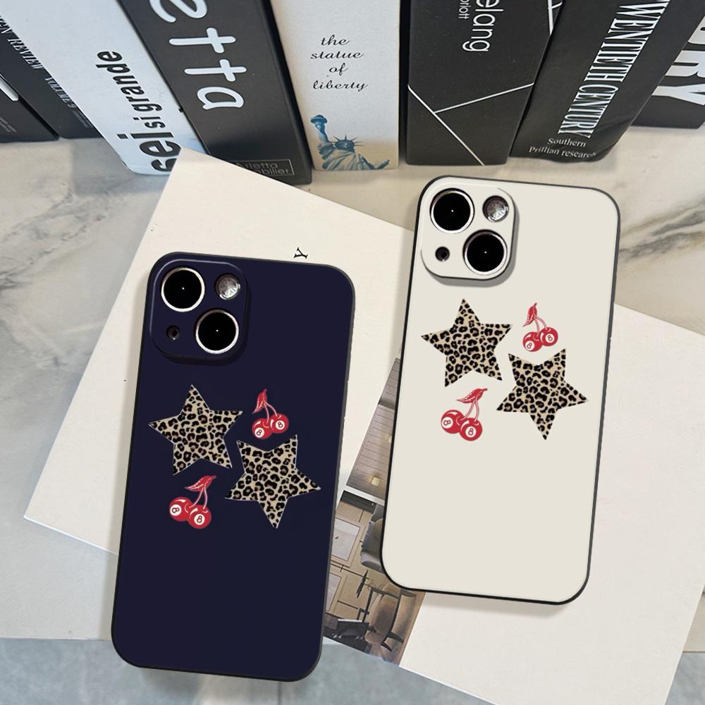 Leopard Print Cherry Star Phone Case FOR IPhone 15 Pro Max 14 11 12 Pro 15 16 Plus 13 Pro MAX XR XS Black Soft Covers