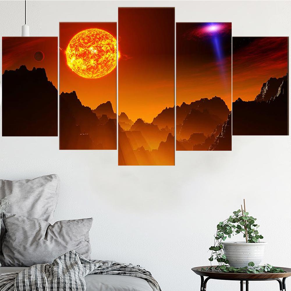 

5 штук Настенное искусство Холст Живопись Солнце Планета Горы Пейзаж Плакат Современная гостиная Домашнее украшение Модульные картины Без рамки