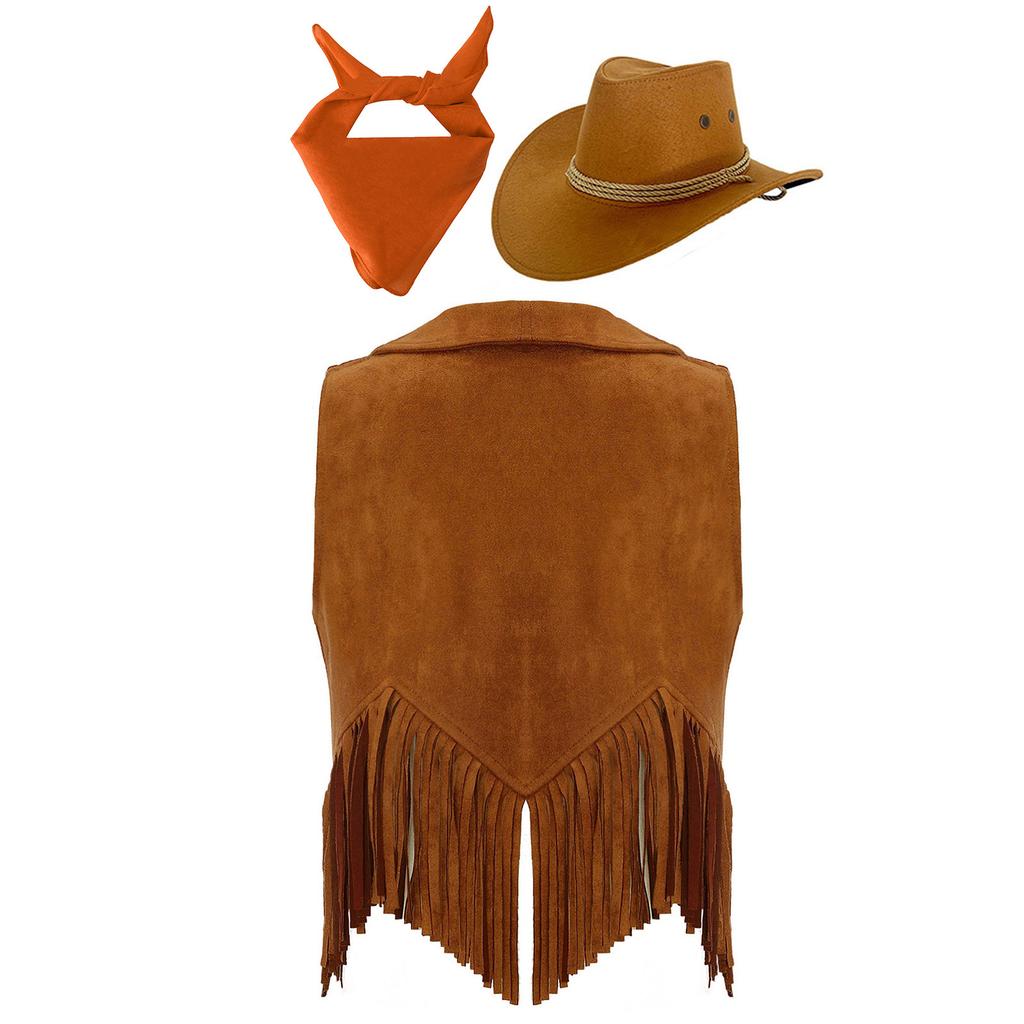 Kids Cowgirl Vest Suede Fringe Tassel Western Costume Set with Bandana Hat for Halloween Rodeo Role Play