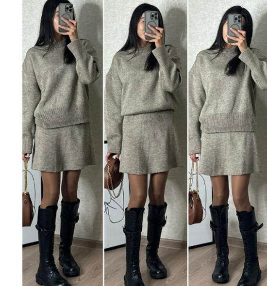 2024 Herbst Einfarbig Lässig College-Stil Gestrickter Pullover Rock Anzug für Damen