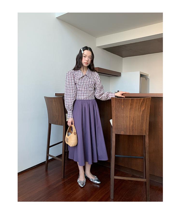 Interpret Beauty 2025 Early Spring French Retro Gingham Puff Sleeve Tie-Waist Women's Shirt