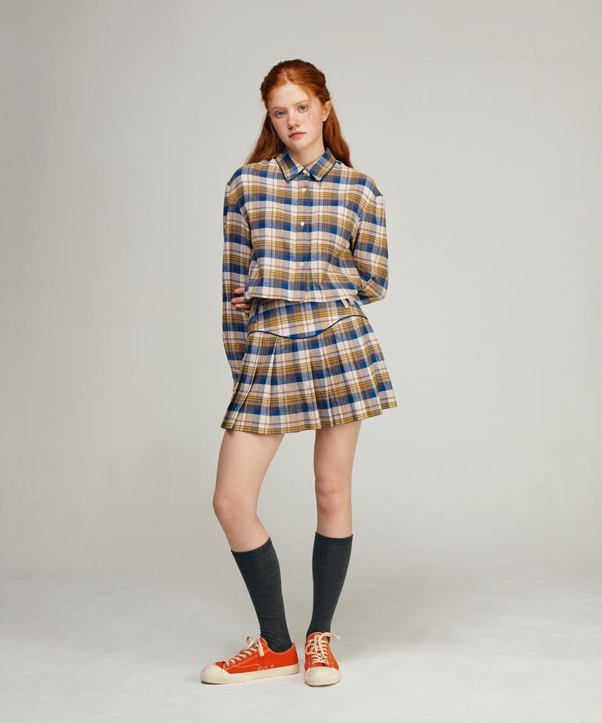 Kisserihe Wavy Check Pleated Skirt_Blue Yellow