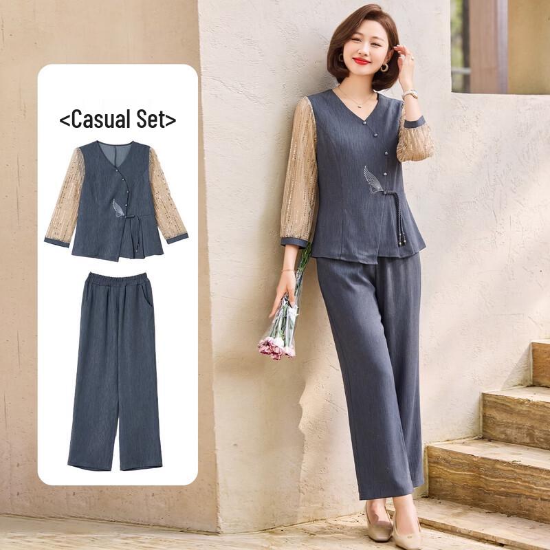 Qianlian Mid-Aged Women s Spring Fashion Casual Two-Piece Set 4XL
