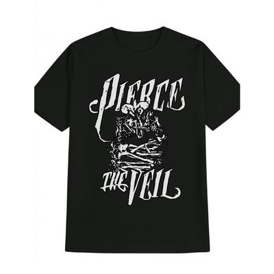 Taglie Europee T-shirt Grafica Gotica da Uomo per Band Metal | Design Pierce The Veil con Stampa Teschio e Rosa, Bianco e Nero, Girocollo Casual,