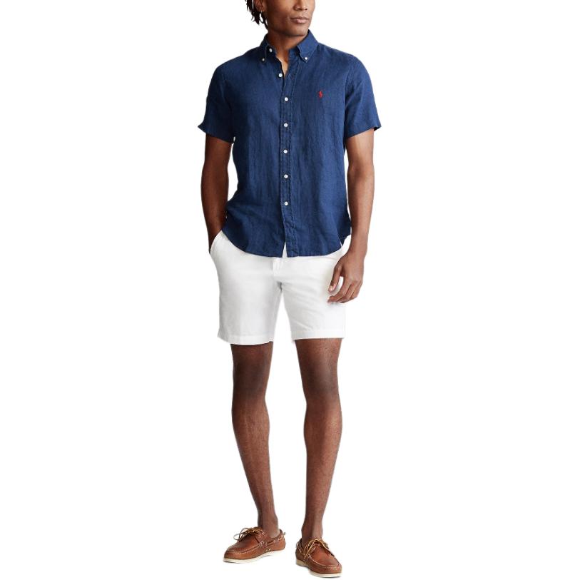 Polo Ralph Lauren Couleur Unie Poney Brodé Simple Boutonnage Ample Manches Courtes Chemise Homme chemises Bleu Foncé MNPOWOV1N820042-410
