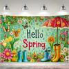 2D Seasonal Party Photo Booth Background, "Hello Spring" Decor with Umbrella and Blooms