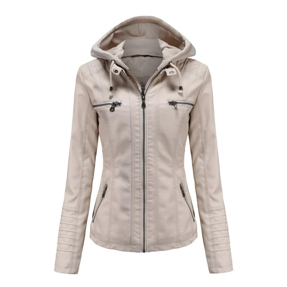 

Two-piece Hooded Leather Jacket, Detachable Plus Size Leather Jacket, Women s Spring and Autumn Jacket, Women s PU Washed Leather S бежевий