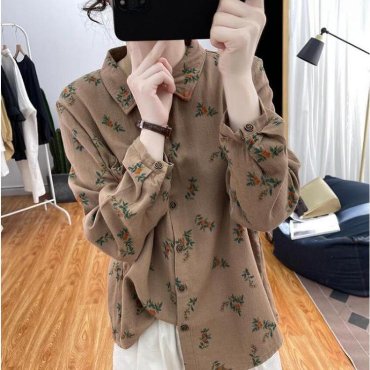 Floral Printed Long Sleeve Top Korean Retro Fashion Women Cotton Linen Autumn Shirt Digital Design Blouse