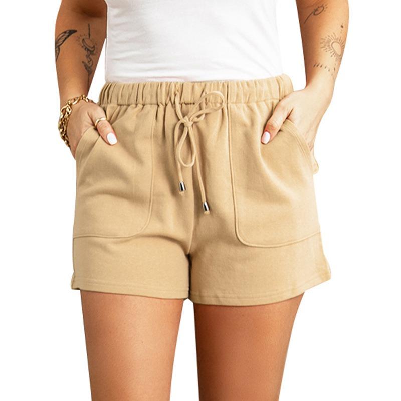 Women Solid Color High Waist Loose Straight Drawstring Casual Summer Shorts