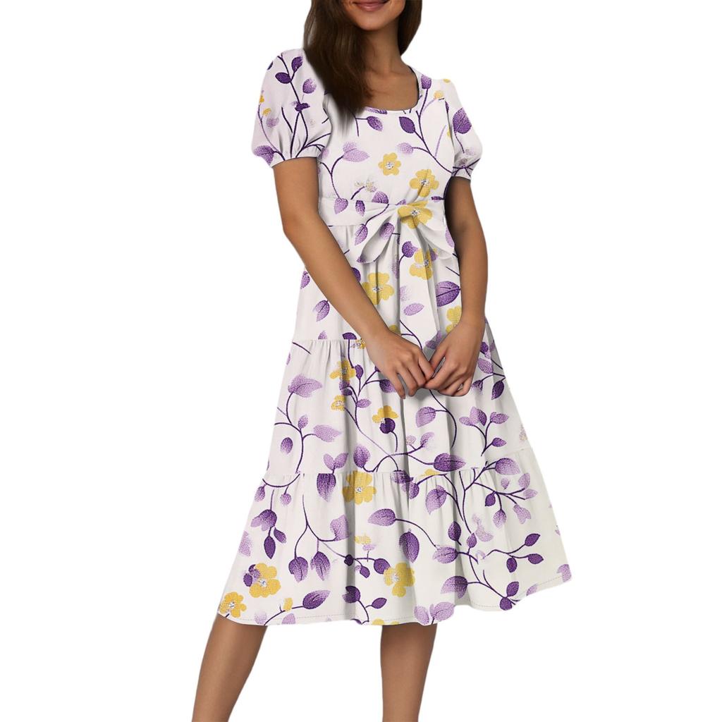 Women's Summer Floral Print Short Sleeves Neck Waistband Bohemian Flowy Maxi Dress With Pockets