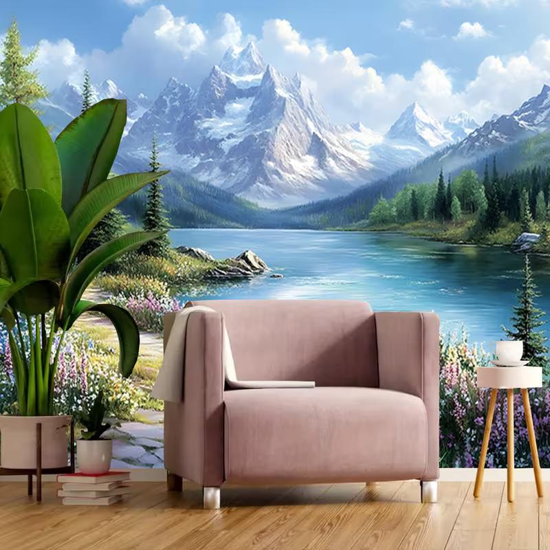 Scenic Mountain Lake & Flower Tapestry, Nature Landscape Wall Hanging Cloth for Room Home Decoration