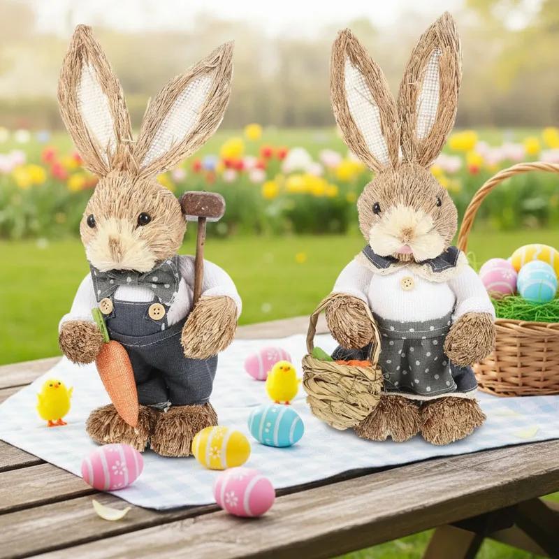 Easter Bunny on Swing Handmade Woven Grass Rabbit Creative Figurine Home Decor Hanging Ornament Forest Theme Gift Souvenir