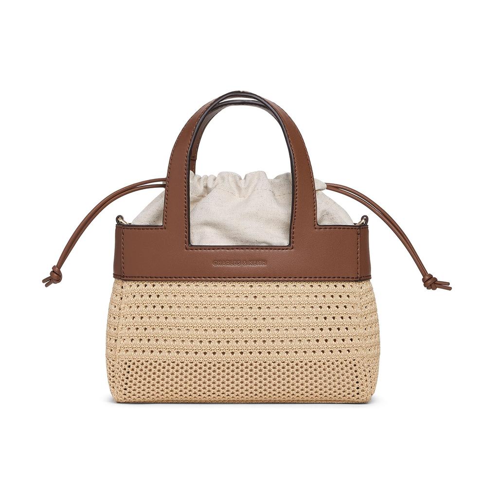 Charles & Keith Small Ck 26 Summer Vacation Woven Basket Bag Pu Mixed Fabric Tote Bag Women Tote Bag Beige Brown CK11-30782847