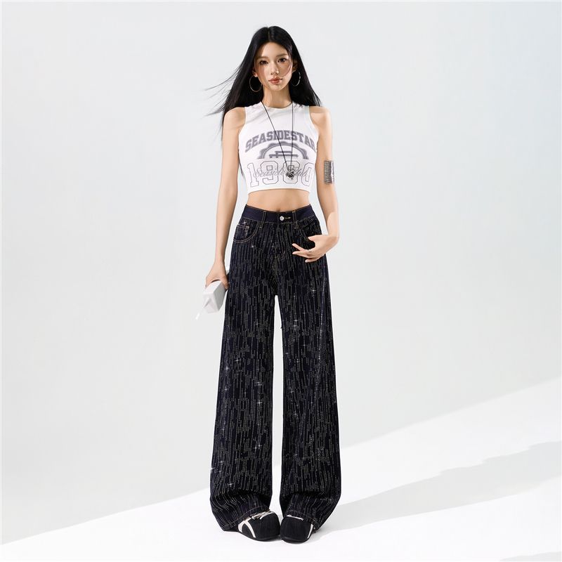 Spring Summer Bling Full Star Wrinkle Resistant Four Way Stretch Drape Micro Flare Wide Leg Denim Pants For Women Casual Pants Oversize Denim Trousers
