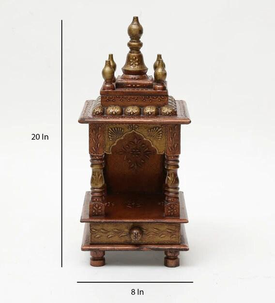 Handmade Wood Mandir: Antique Copper Embossed Wall Shrine