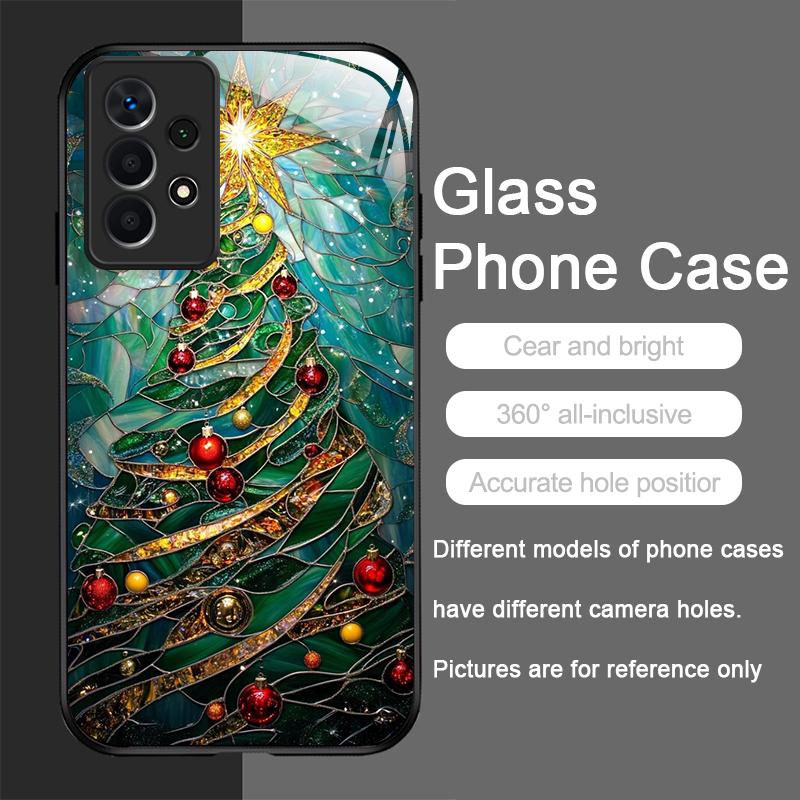 Artistic Cartoon Christmas Tree Pattern Tempered Glass Phone Case for Samsung Galaxy S25 Ultra S24 S23 Plus S22 S21 S20 FE Cover