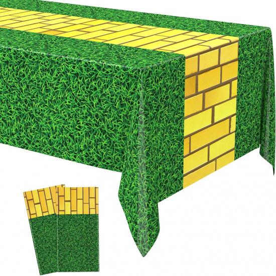 2 Pcs Yellow Brick Runner Tablecloth Cover Green Grass 54 x 87 Wizard Party Decoration Brick Backdrop Wall Waterproof Grass Field Plastic Table Cover